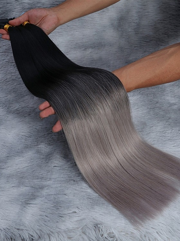 Jet Black With Gray Ombre Silky Straight Tape In Hair Extensions - TI609